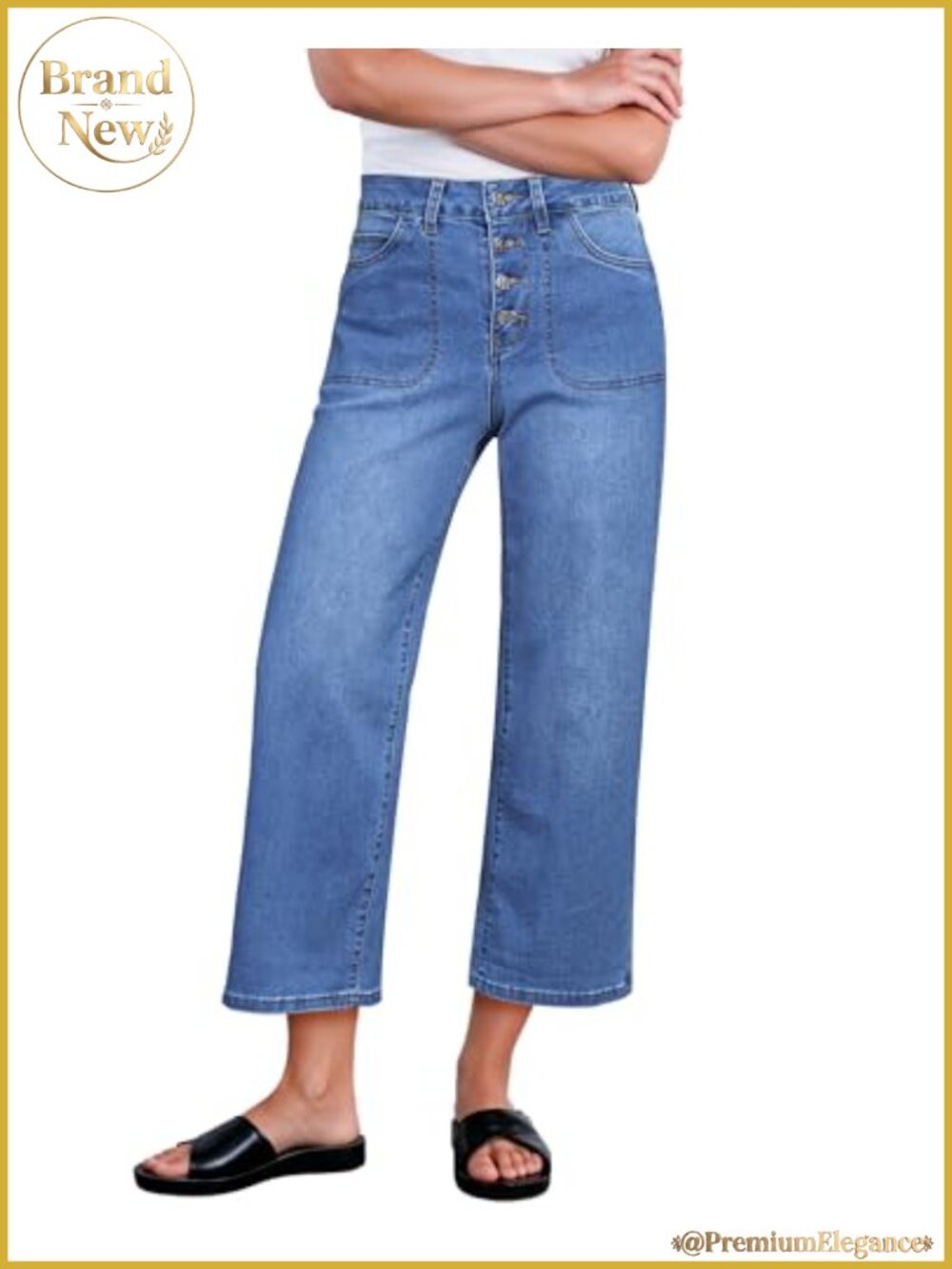 Wide Leg Jeans Women High Waisted Cropped Button Fly Stretchy Denim Trouser